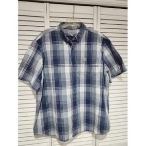 Carhartt Men's 2XL Plaid Short Sleeve Blue White Button Up Work Shirt